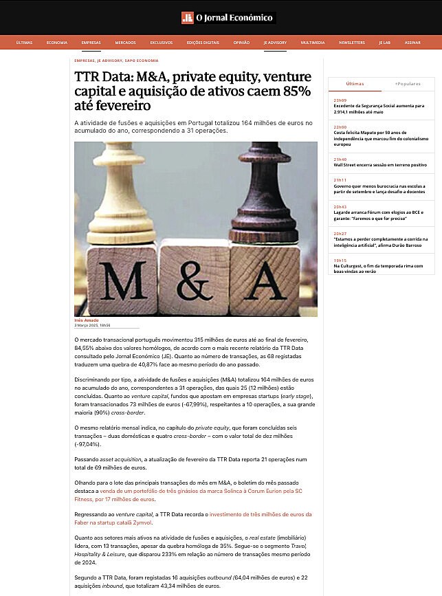 TTR Data: M&A, private equity, venture capital e aquisio de ativos caem 85% at fevereiro